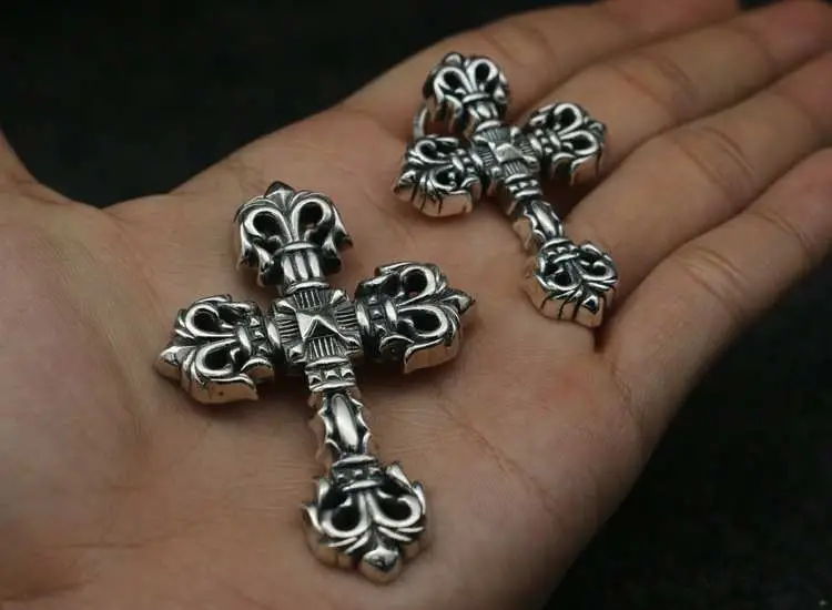 Sterling Silver Cross Necklace Trendy Hip Hop Street Accessories Male Thai Silver Retro Pendant