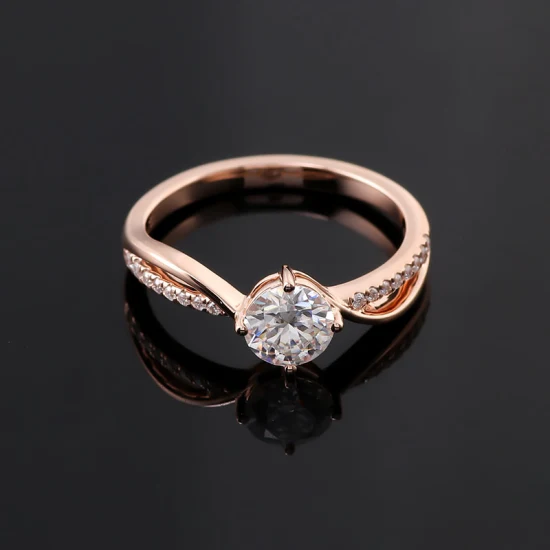 Joyería elegante para mujer, anillo de banda de moissanita de oro rosa de 18 quilates con diamante de moissanita redondo de 6mm, banda cruzada torcida